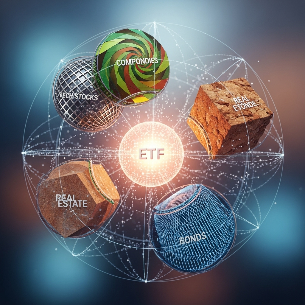 다양한 자산이 균형 있게 구성된 ETF 포트폴리오의 추상적인 시각화, 안정적인 투자 분산을 의미함