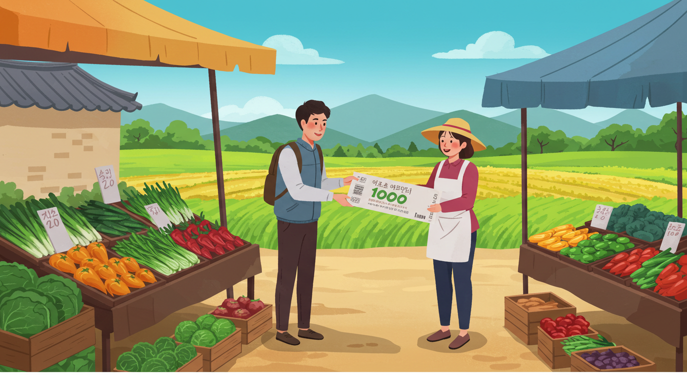농촌 직거래장에서 쿠폰으로 농산물을 구매하는 장면