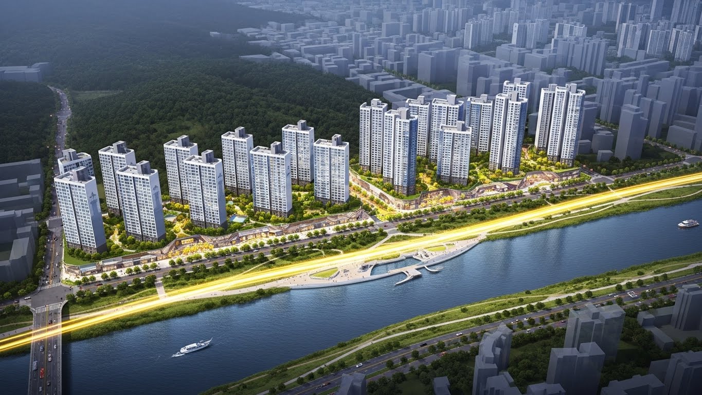 강변에고층의새아파트가즐비하게들어섰다