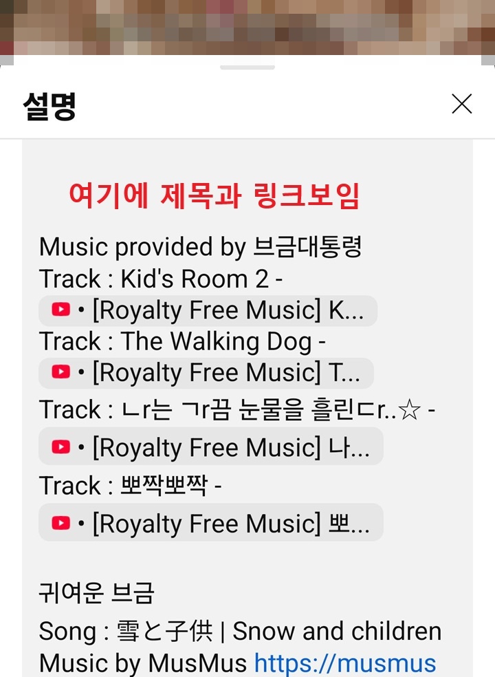 음악 제목과 링크 보임
