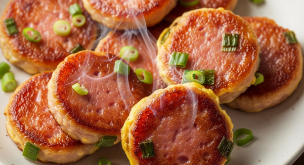 노릇노릇하고 통통한 소시지 부침이 접시에 소복하게 담겨 따뜻한 김이 나는 비주얼.