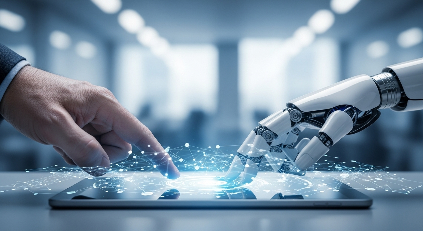 인간의 손과 로봇의 손이 디지털 태블릿 위에서 협력하는 모습으로, AI와 인간의 시너지 효과를 상징