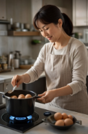 삶은달걀 만들고 있는 주부