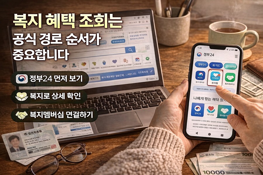 정부24, 복지로, 복지멤버십을 순서대로 활용해 복지 혜택을 조회하고 신청으로 연결하는 방법을 설명하는 실전 점검표 이미지입니다.