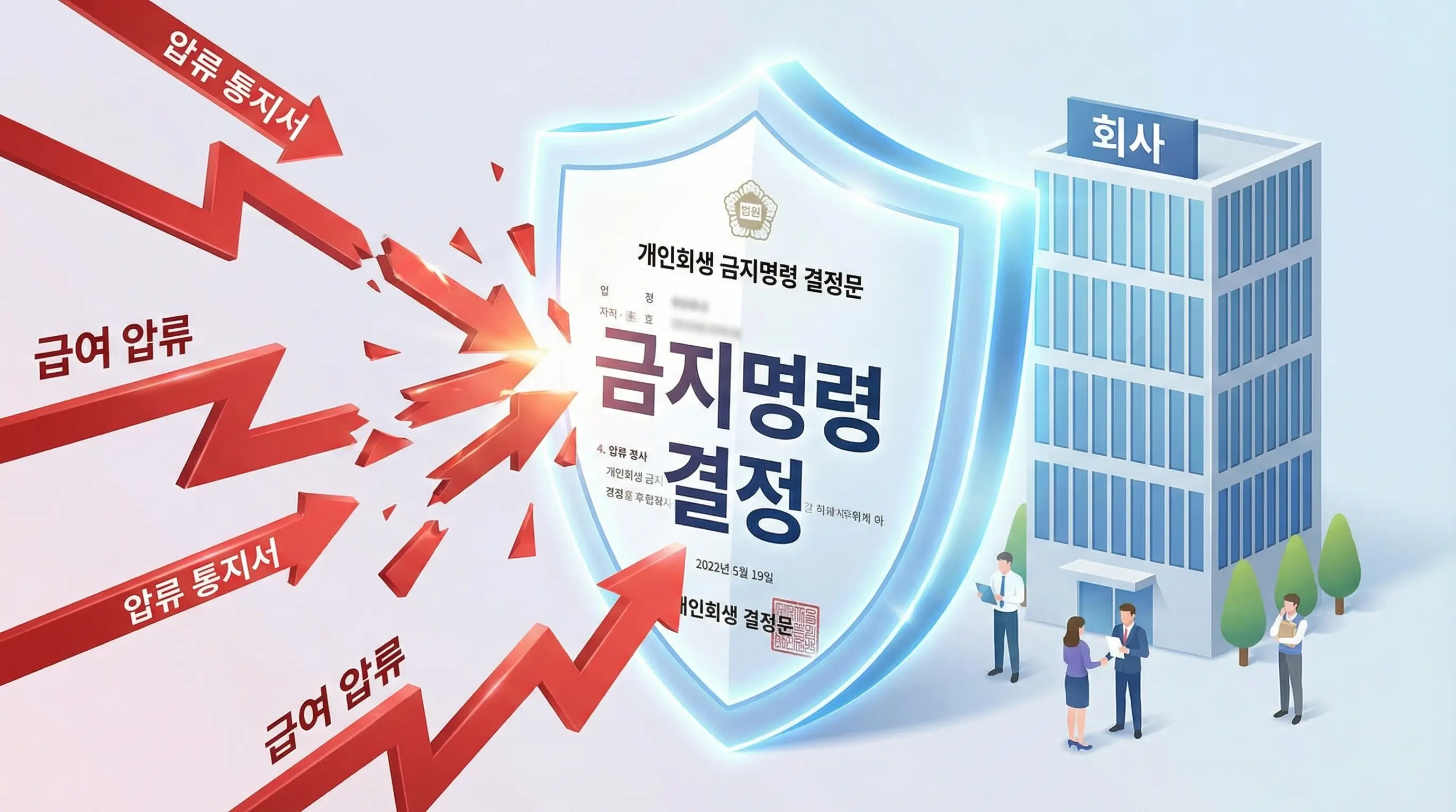 개인회생 금지명령 결정문이 방패가 되어 회사로 가는 압류 통지서를 막아내는 인포그래픽