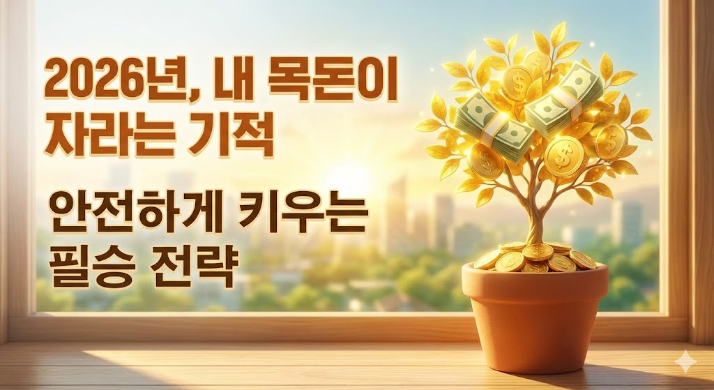 따뜻한 햇살 아래 화분에서 금화와 지폐 열매가 맺힌 돈나무가 자라는 모습을 담은 2026 목돈 굴리기 썸네일 이미지