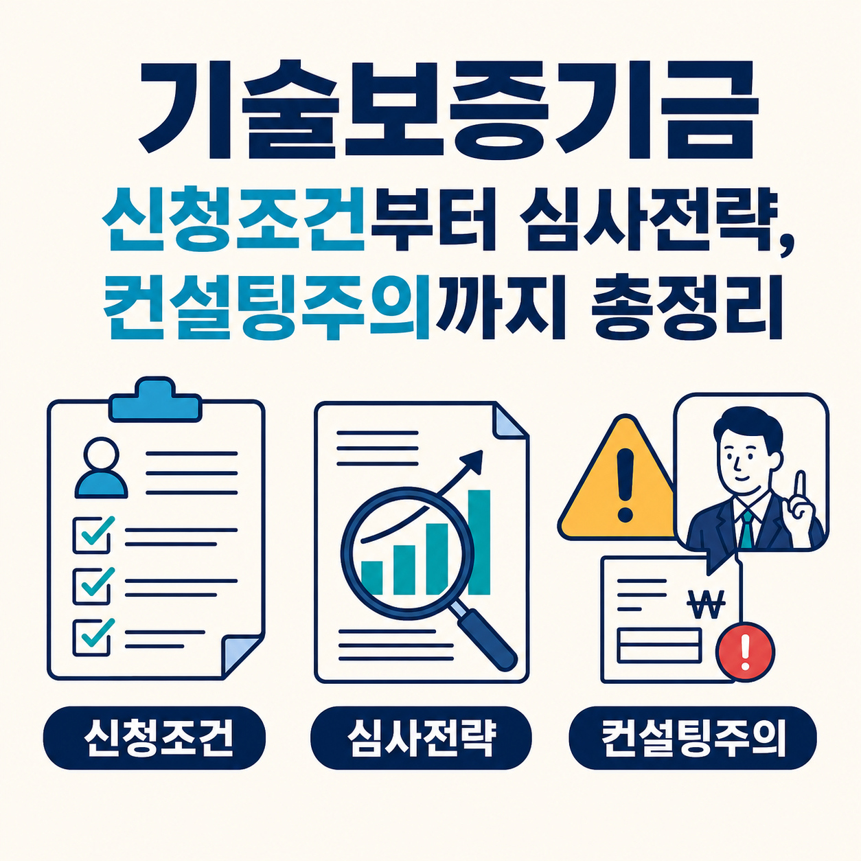 기술보증기금 신청조건과 심사전략, 컨설팅 주의사항을 서류·돋보기·경고 아이콘으로 표현한 인포그래픽.