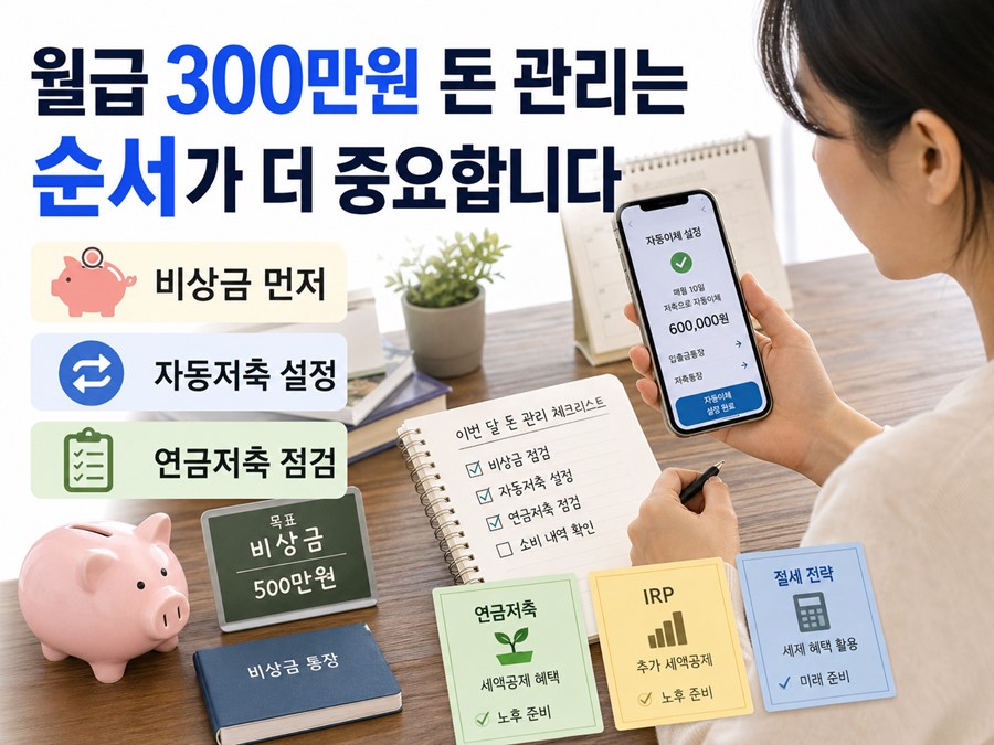 월급 300만원 돈 관리에서 비상금을 먼저 만들고 자동저축을 설정하며 연금저축까지 점검하는 현실적인 자금 관리 방법을 보여주는 이미지입니다.