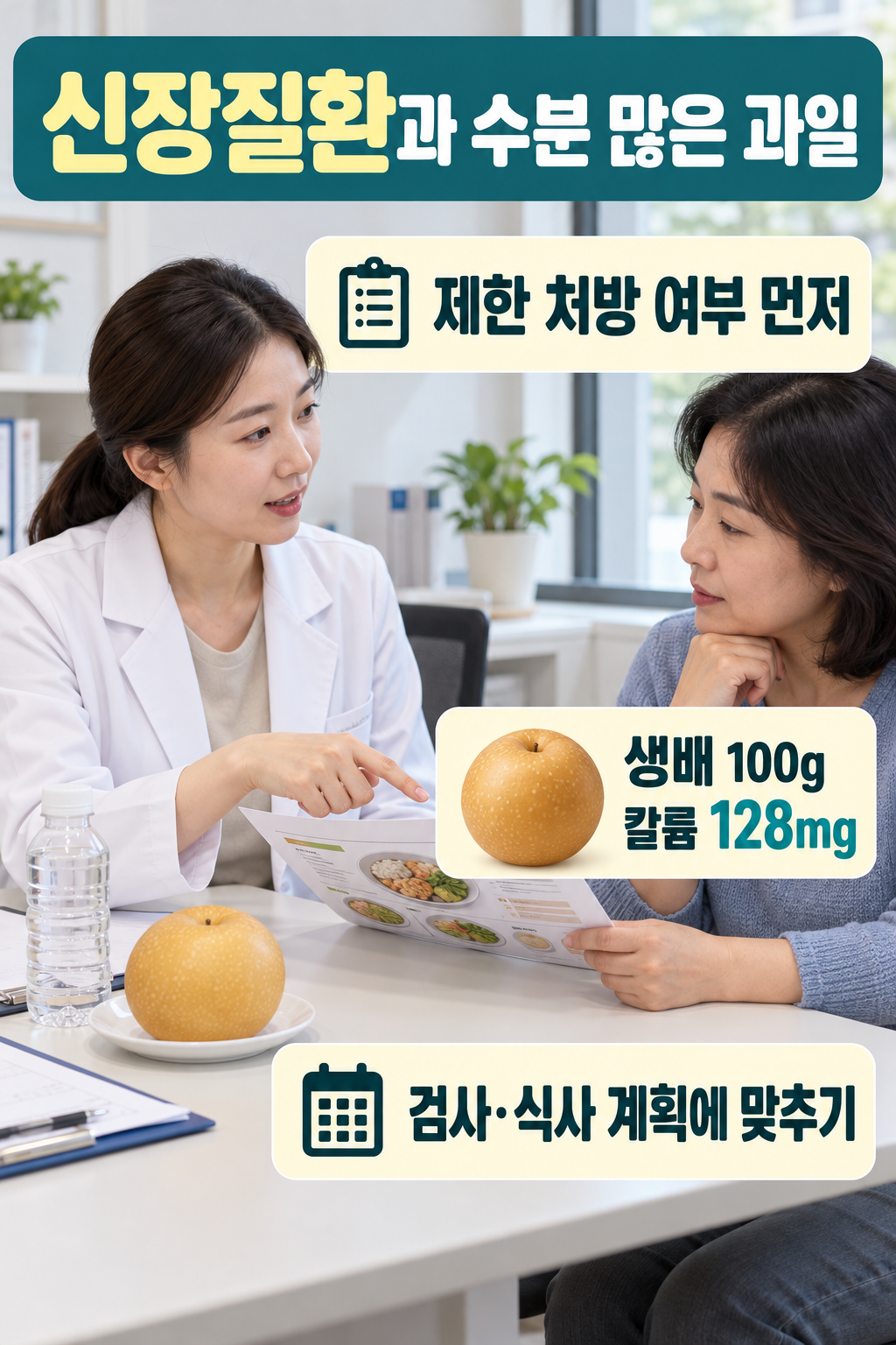 과즙 많은 간식도 칼륨&middot;수분 계획에 맞춰요를 설명하는 질환별 실사 인포그래픽
