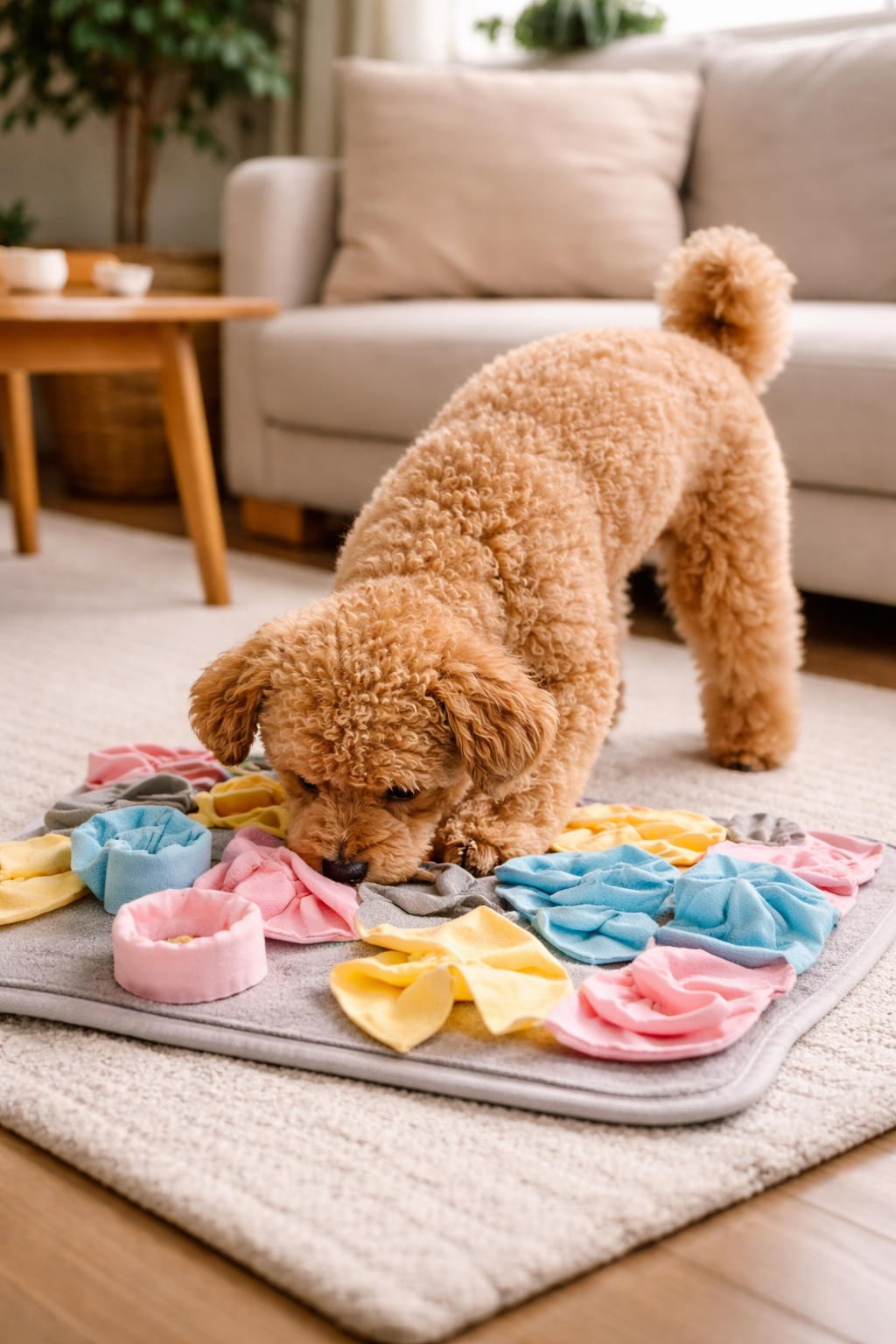 노즈워크 장난감에 집중하며 조용히 있는 강아지