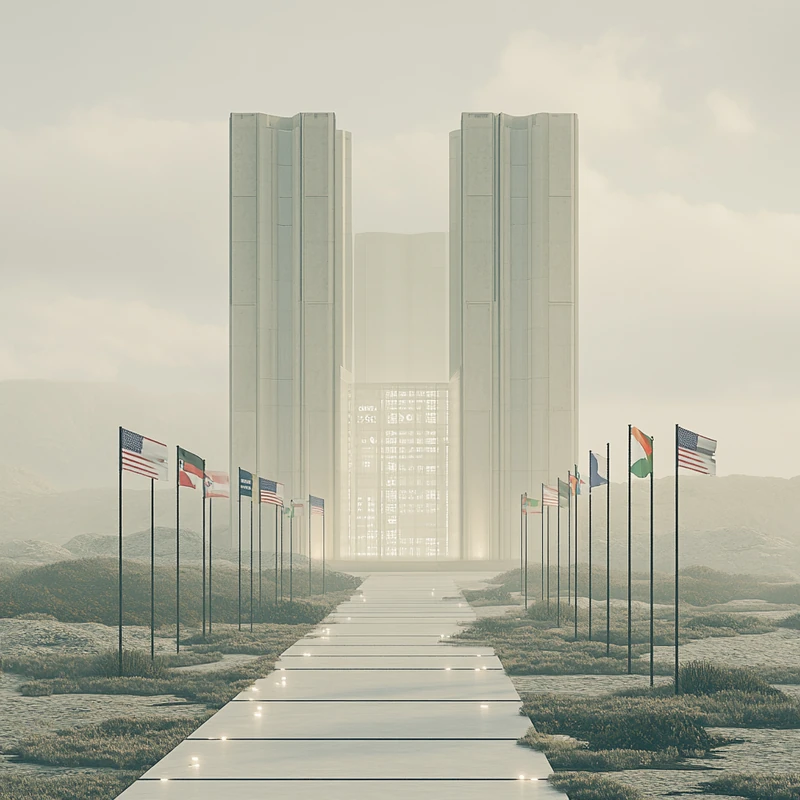 다양한 국제 깃발이 중앙 금융 빌딩으로 이어지는 장면은 글로벌 통합이 S&P500 시장에 미치는 영향을 상징하며 조화롭고 평화로운 금융 연계를 강조한다.