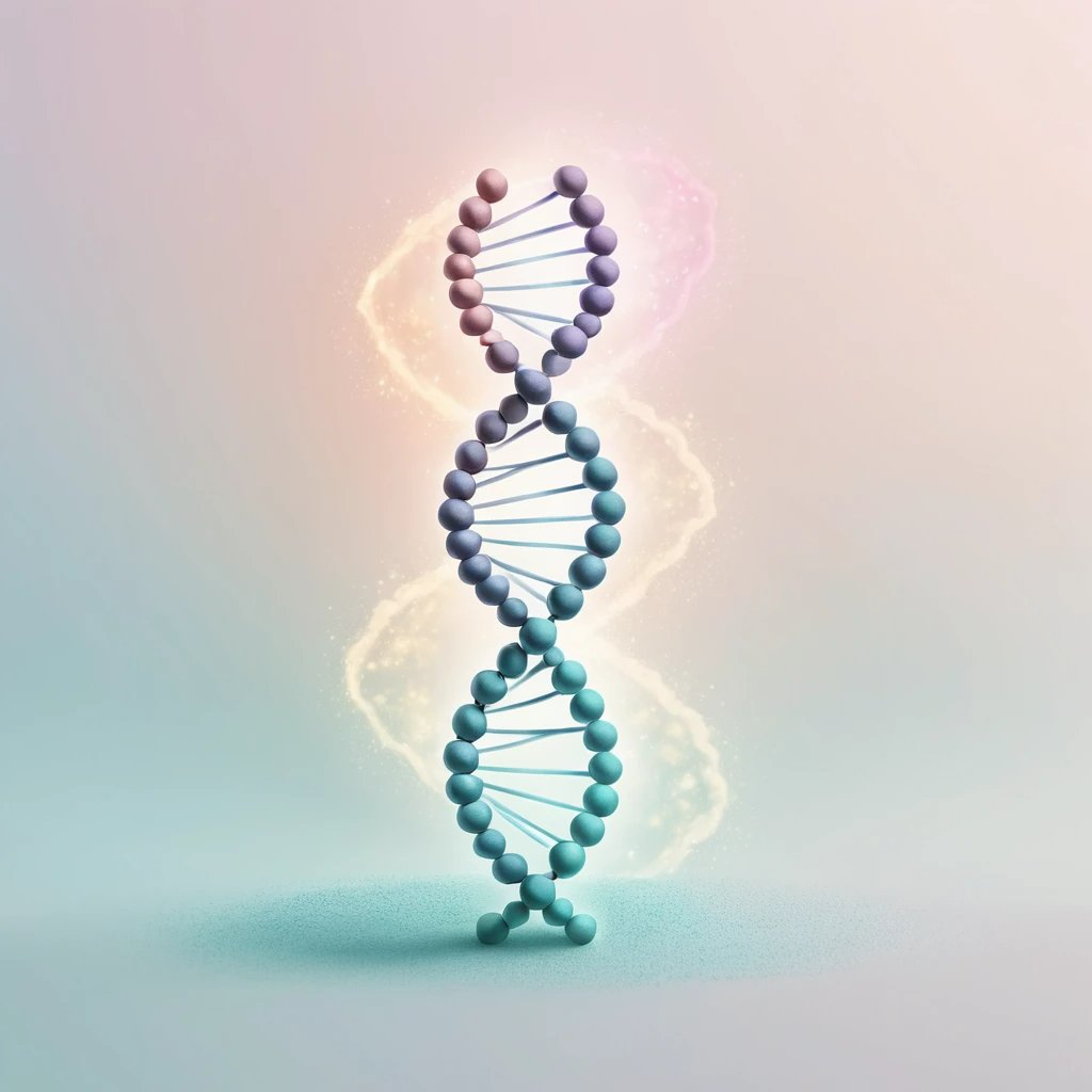 3D DNA 이중 나선 모델. 은은한 색상의 배경과 빛이 퍼지는 효과가 있는 과학적 이미지.