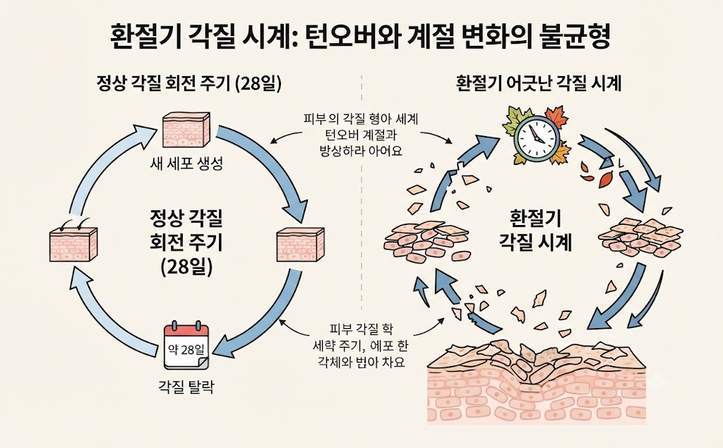 환절기 각질 시계 개념도: 정상적인 28일 피부 턴오버 주기와 환절기에 불균형해진 피부 각질 주기를 비교하여 보여주는 일러스트.