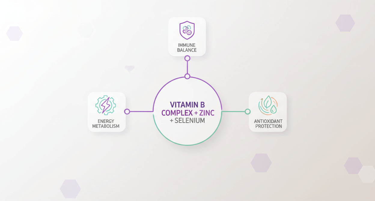 비타민B 복합체, 아연, 셀레늄의 3가지 효능을 보여주는 인포그래픽 - 면역 균형, 에너지 대사, 항산화 보호