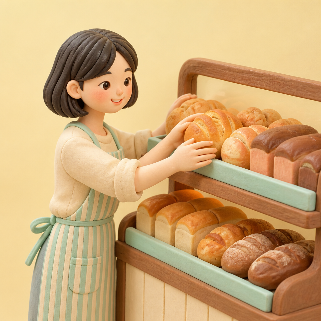 동네 빵집 진열대 앞에서 빵을 정리하는 20대 아르바이트생