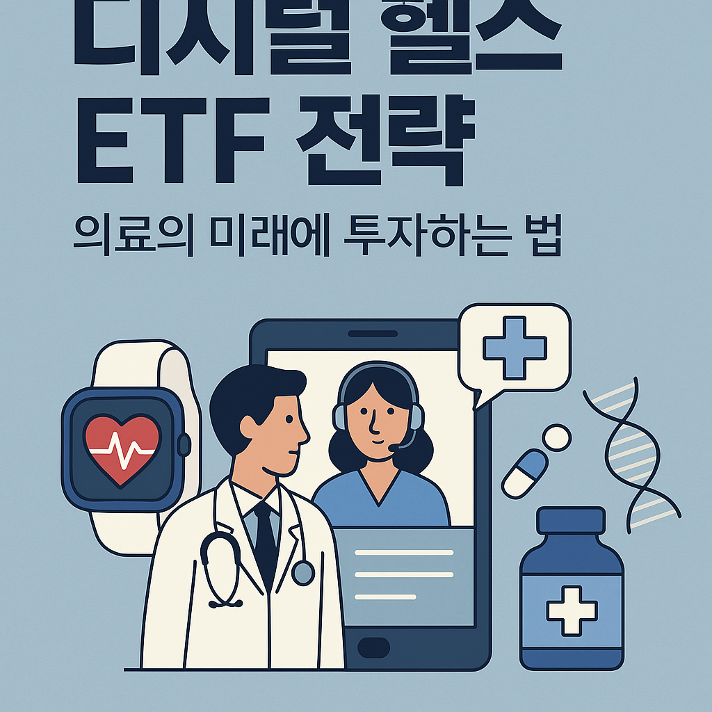 디지털 헬스케어 산업에 투자하는 ETF를 상징하는 썸네일 – 스마트워치, 클라우드 진료 아이콘, AI 심장모니터 등이 포함된 플랫 스타일 일러스트