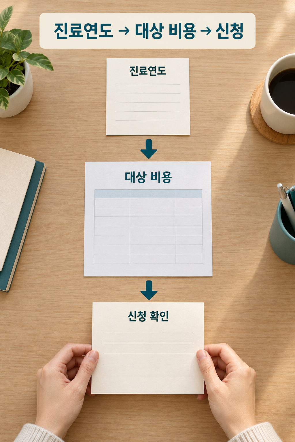 진료연도 메모와 비용 서류를 정리한 뒤 본인 신청 상태를 확인하는 책상