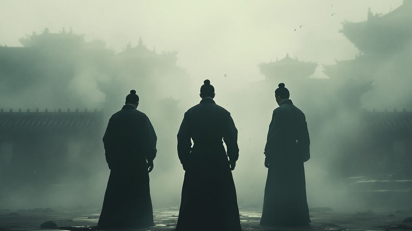 조선시대 복장을 입은 세 인물이 안개 속 궁궐 앞에 서 있는 모습, 실록에서 사라진 인물들을 상징함