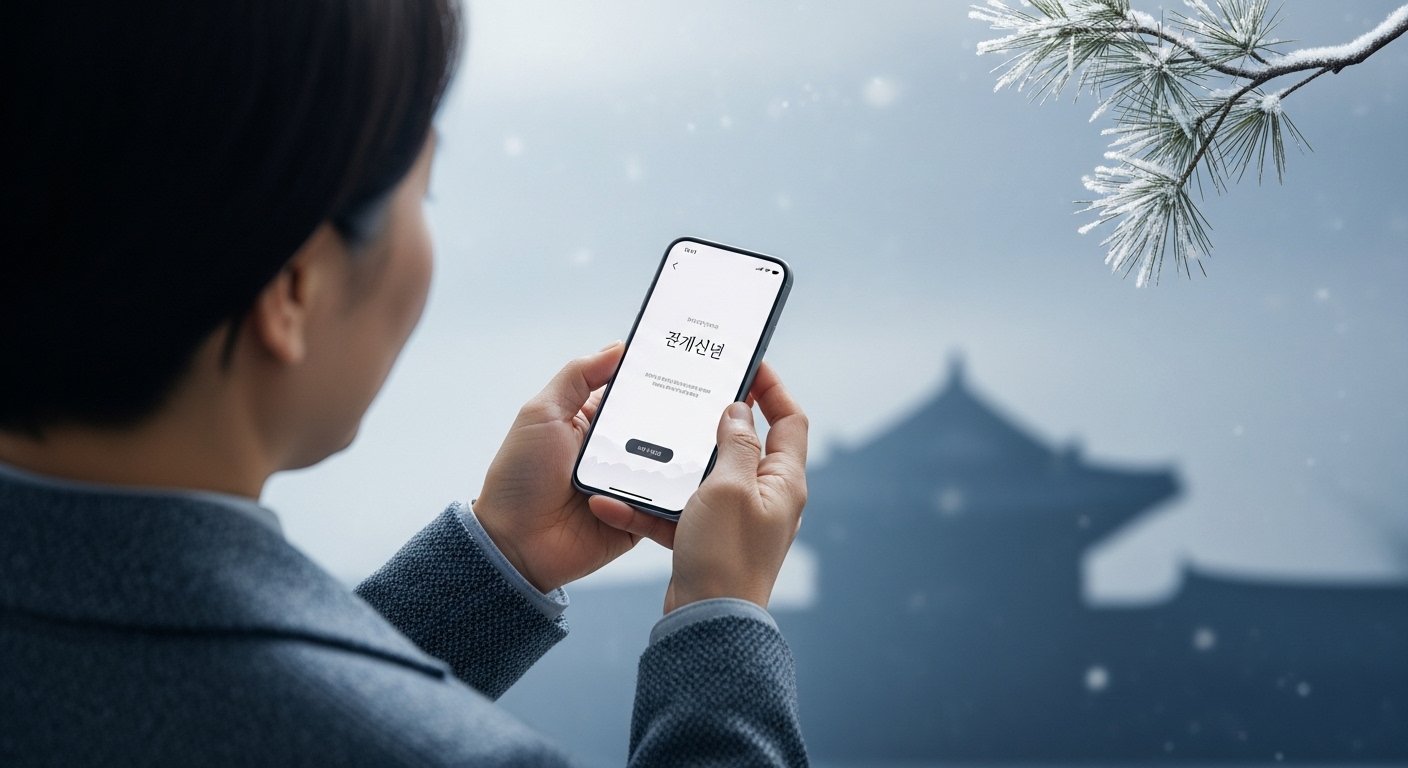 어른들께 정중하게 연말 인사 메시지를 보내는 모습을 표현한 차분하고 고급스러운 그림.