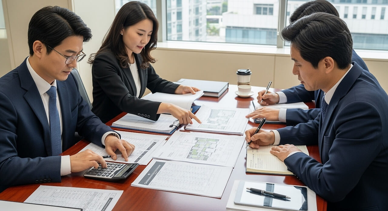 도시 재개발 현장 배경 속에서 공무원과 관계자들이 보상금 산정 표를 검토하며 토지 보상 계획을 논의하는 장면”