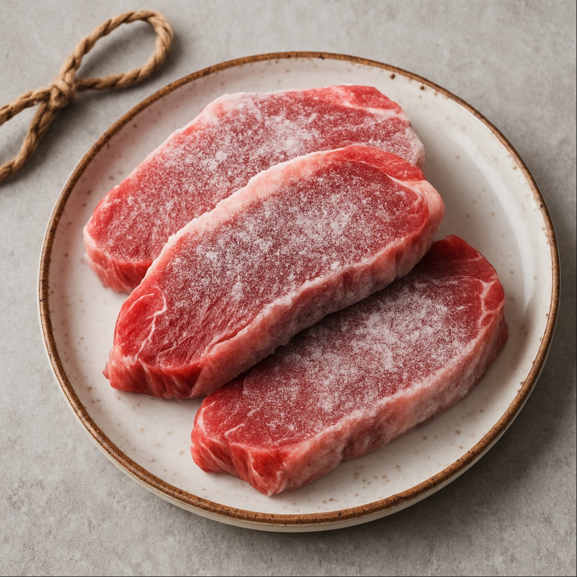 냉동된 고기 표면에 서리가 낀 모습으로 재해동 위험성을 직관적으로 보여주는 이미지