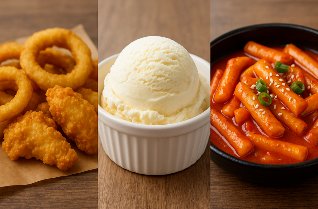 아침 공복에 피해야 할 대표 음식들로 튀김, 아이스크림, 떡볶이를 나란히 보여주는 이미지