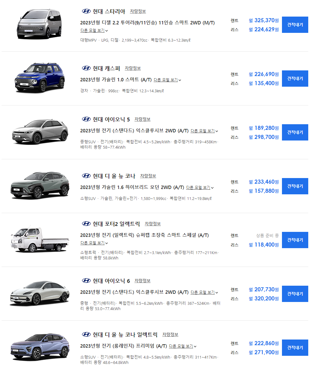 현대 자동차 장기렌트 가격표