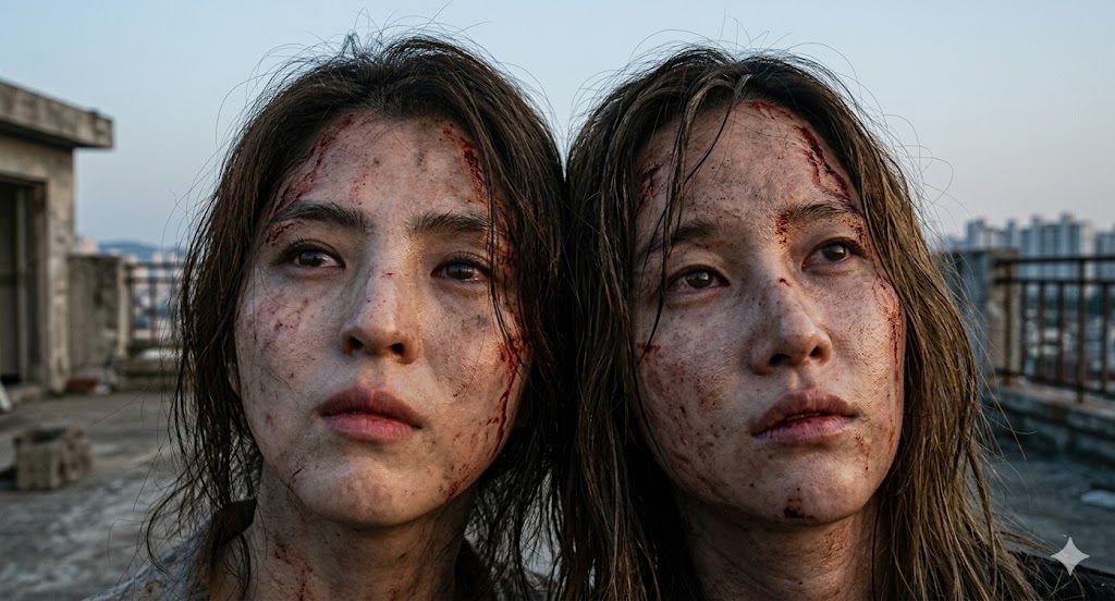 넷플릭스 영화 프로젝트Y 모든 사건이 끝난 후 피투성이가 된 채 공허한 눈빛으로 새벽녘 하늘을 응시하는 한소희와 전종서의 얼굴 클로즈업