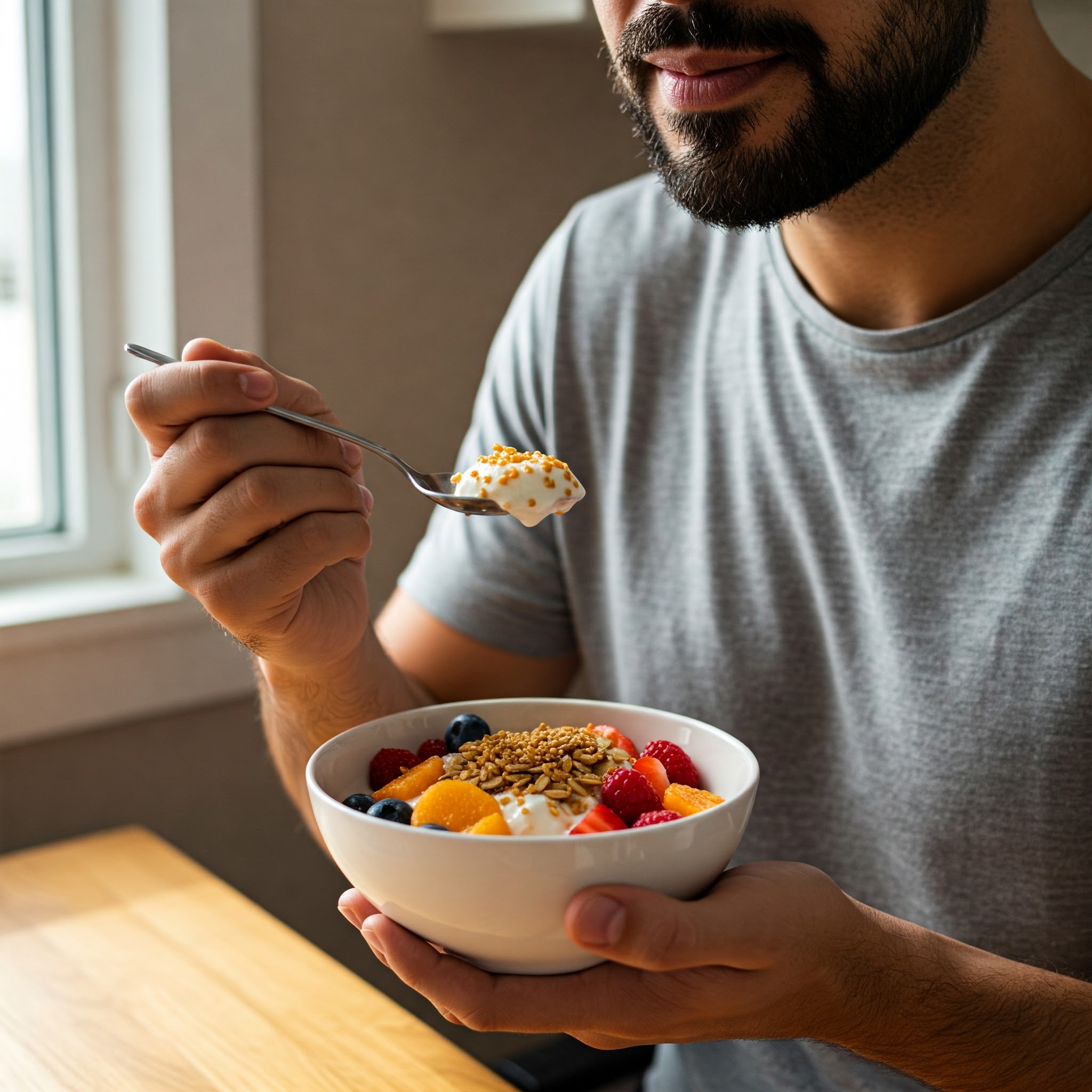 요거트를 먹고있는 남성