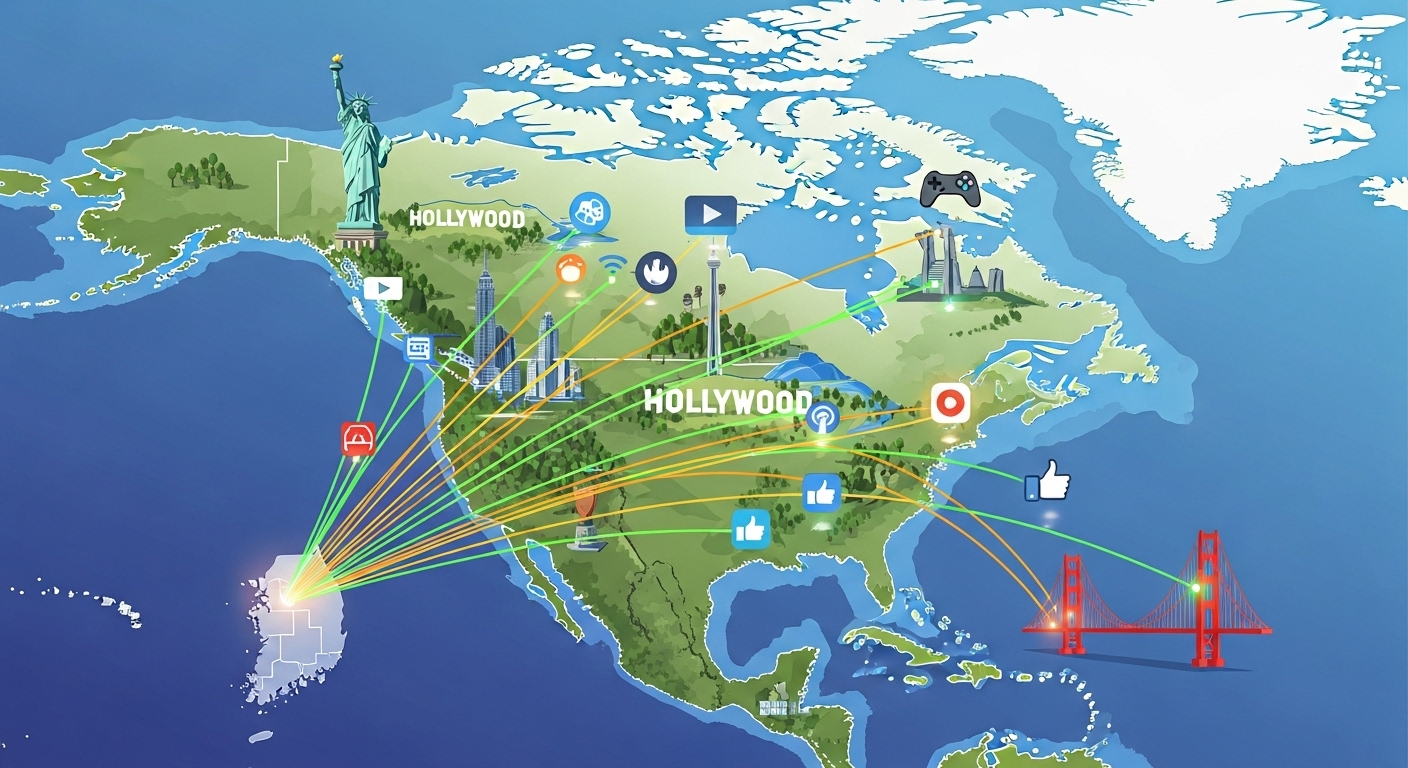 K-콘텐츠가 북미 시장으로 활발하게 진출하며 미국과 캐나다 등지에 K-콘텐츠의 영향력이 확산되는 지도를 표현한 이미지입니다.
