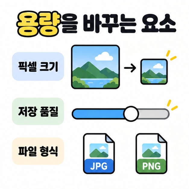 픽셀 크기 조절, 저장 품질 조절 막대, JPG와 PNG 파일 형식으로 용량에 영향을 주는 세 요소를 보여주는 도식