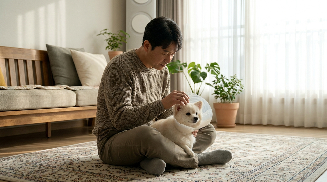 넥카라 착용한 강아지를 쓰다듬는 보호자