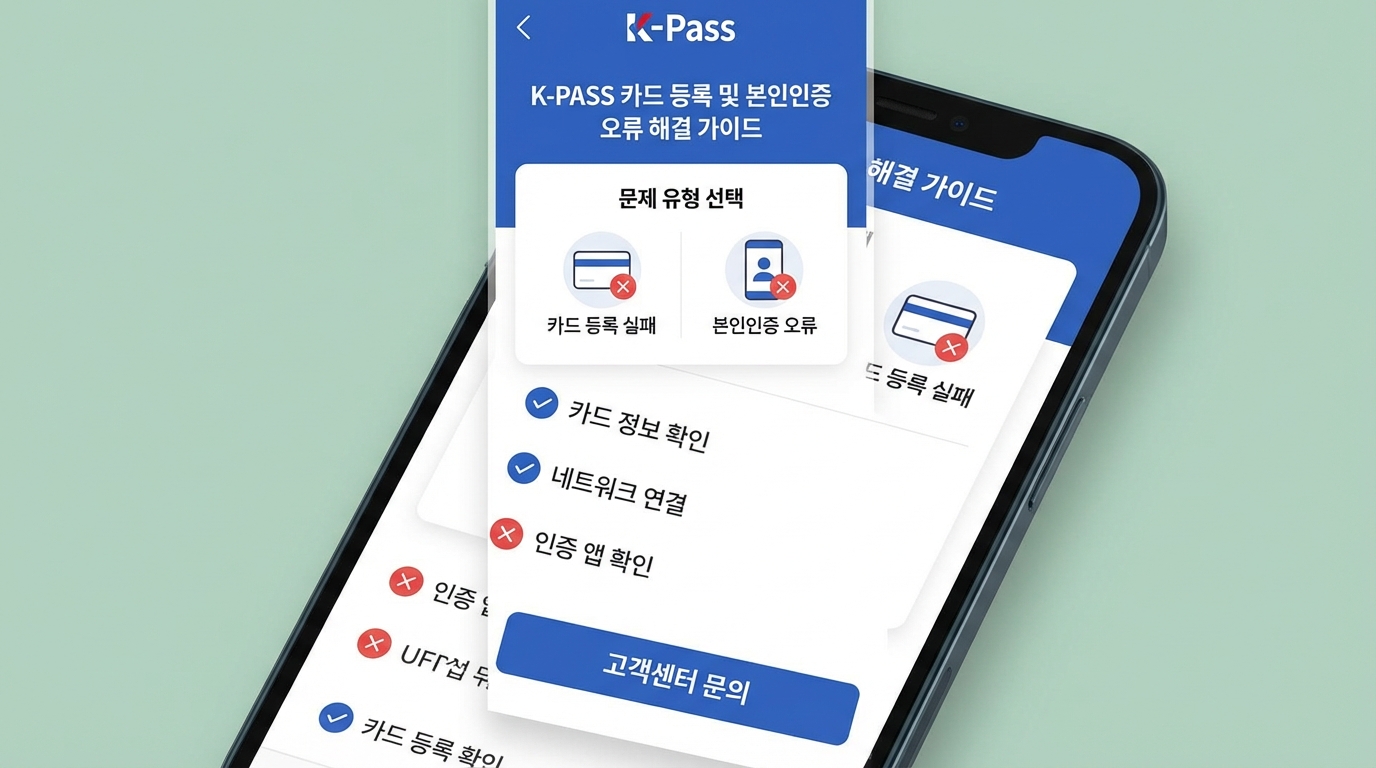 K-패스 앱에서 발생하는 카드 등록 오류와 본인 인증 실패 문제를 해결하는 디지털 가이드 이미지