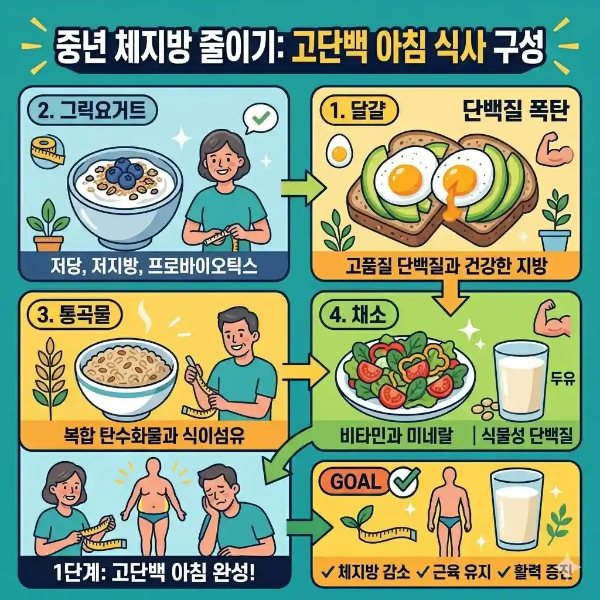 중년 체지방 줄이기 식단 고단백 아침 식사 구성