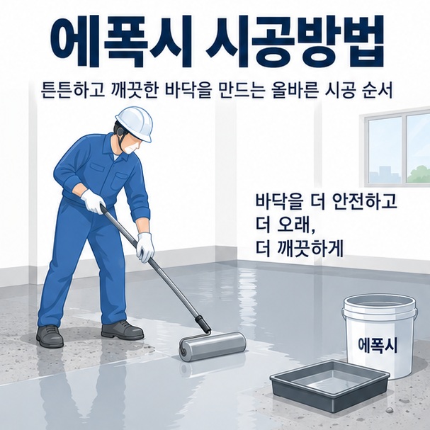 콘크리트 바닥과 롤러 아이콘 위에 에폭시 시공방법 문구가 표시된 대표 이미지
