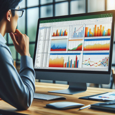 여러 대형 모니터에 다양한 차트와 그래프가 표시된 사무실에서 데이터를 분석하는 모습