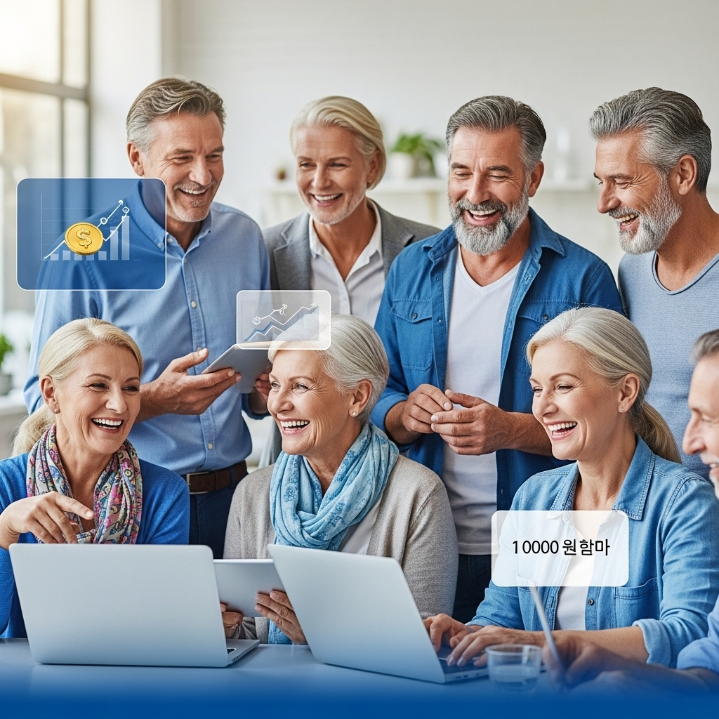 은퇴 후 월 100만원 수익을 목표로 활기차게 소통하고 계획하는 중년들의 모습.