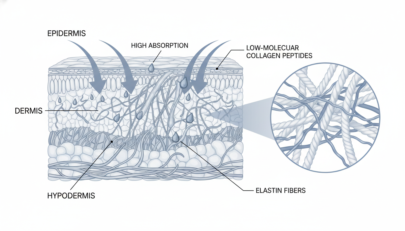 피부 단면과 저분자 콜라겐 펩타이드가 피부 속으로 흡수되는 과정을 보여주는 일러스트
