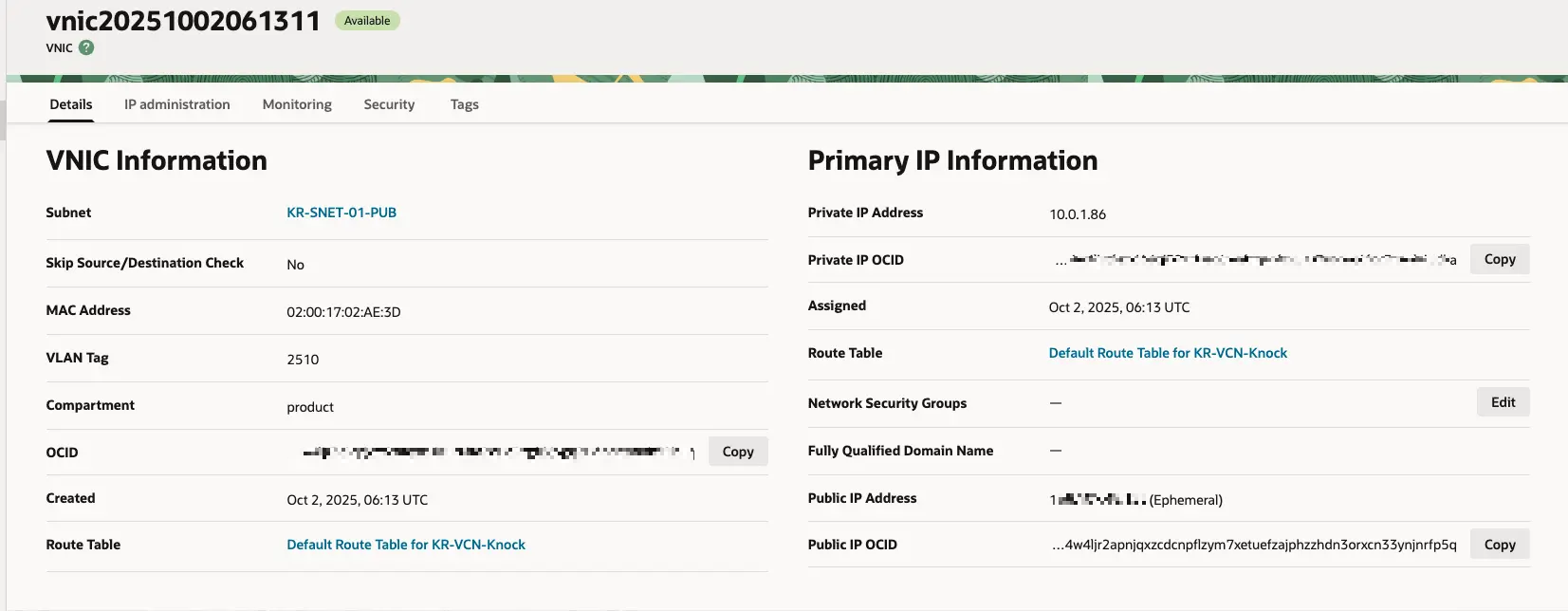 오라클 클라우드 - VNIC Details
