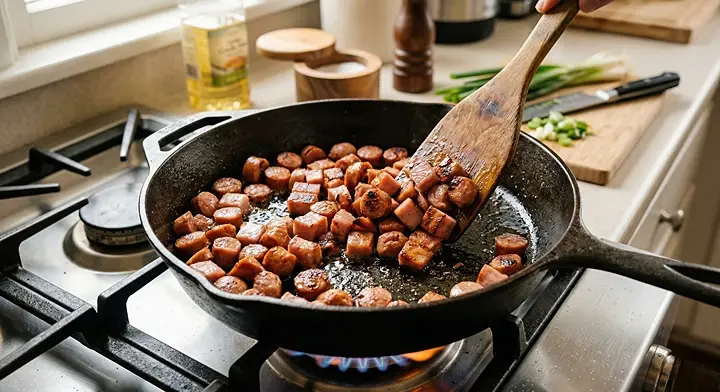 햄을 중불에서 2분 먼저 볶아 노릇하게 만드는 과정