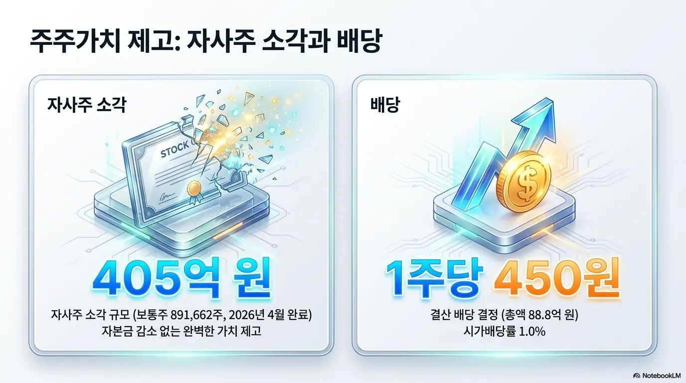 케이씨텍 주가 전망: 케이씨텍이 보통주 891,662주, 약 405억 원 규모의 자사주를 자본금 감소 없이 소각하고 1주당 450원, 시가배당률 1.0퍼센트의 결산 배당을 결정한 주주환원 정책을 보여주는 인포그래픽. 케이씨텍의 자사주 소각과 배당금 정보를 시각적으로 설명함.