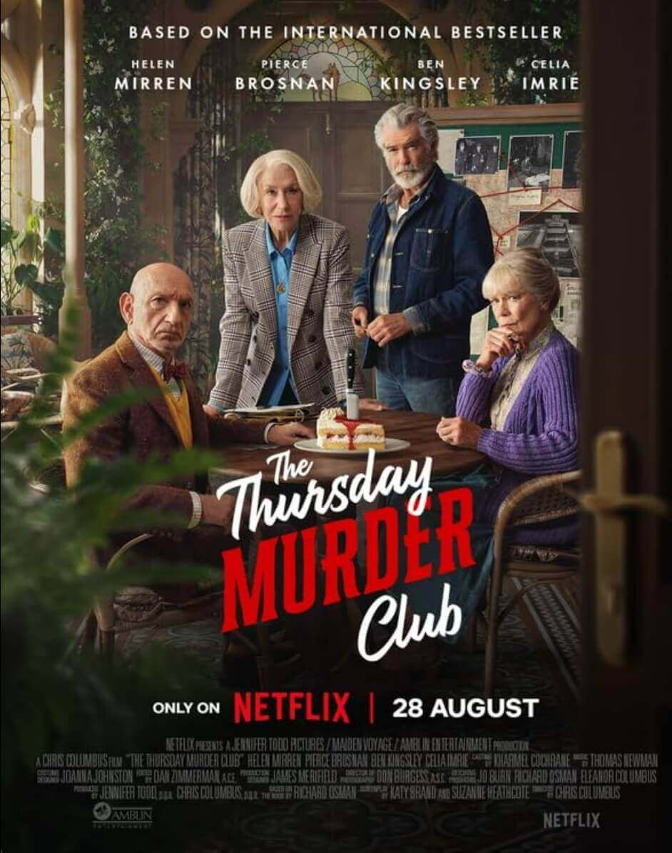 넷플릭스 영화 <The Thursday Murder Club>의 홍보 포스터 : 네 명의 노년 탐정이 사건 회의 중인 장면
