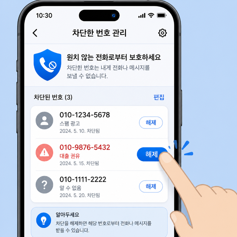 alt="갤럭시 스마트폰 메시지 앱에서 스팸 차단 설정 메뉴를 열고 있는 시니어의 손 클로즈업"