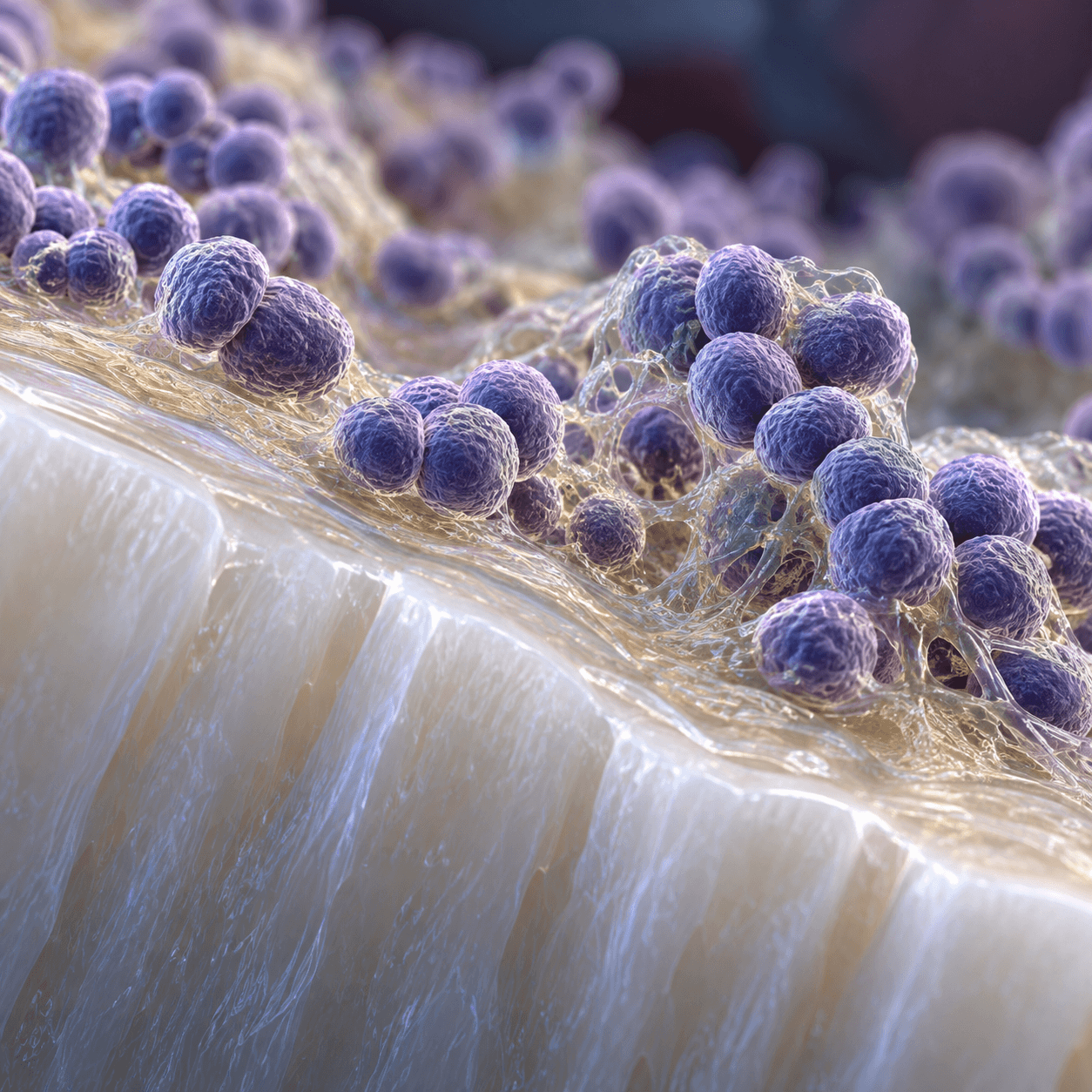 Streptococcus mutans가 치아 표면에 생물막을 만드는 모습