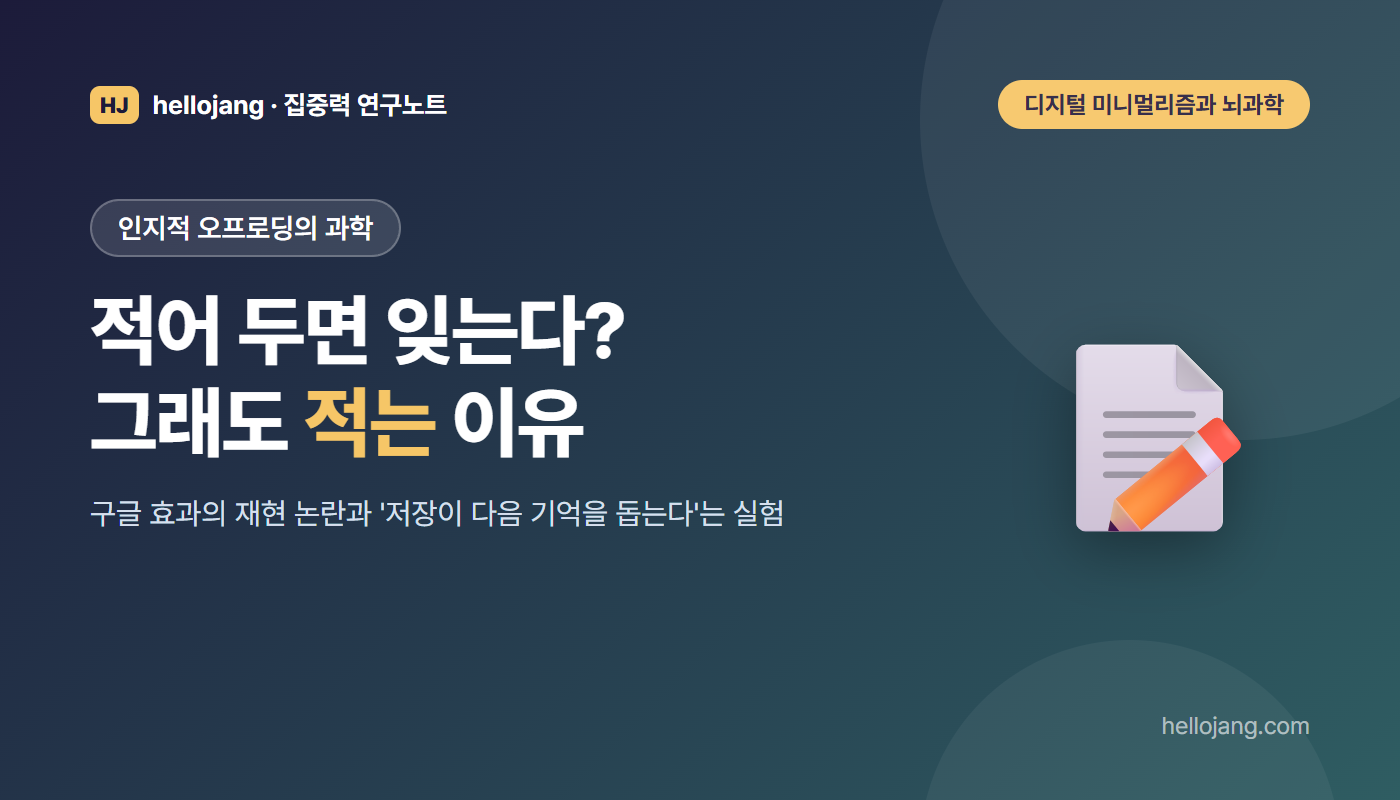 적어 두면 잊어버린다는 구글 효과와 재현 논란, 저장이 새 정보 기억을 돕는다는 실험으로 인지적 오프로딩을 설명하는 글의 표지 그림
