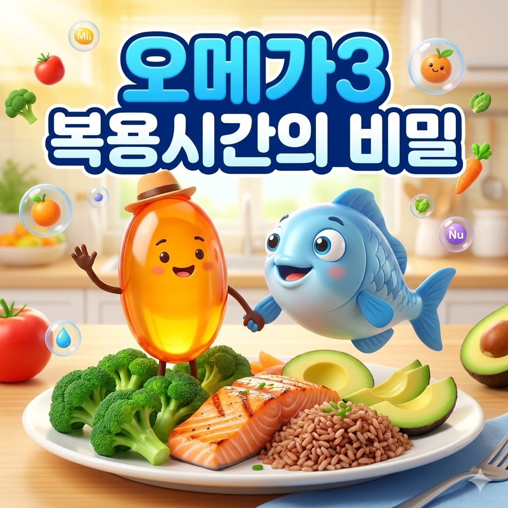 오메가3 캡슐과 생선 캐릭터가 함께 건강한 식사를 하는 모습, 오메가3 복용시간의 중요성을 강조하는 귀여운 삽화.