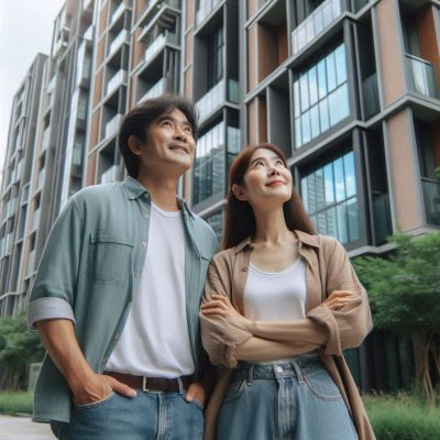 서민층 부부가 기쁜 표정으로 공공분양 주택을 바라보고 있다.