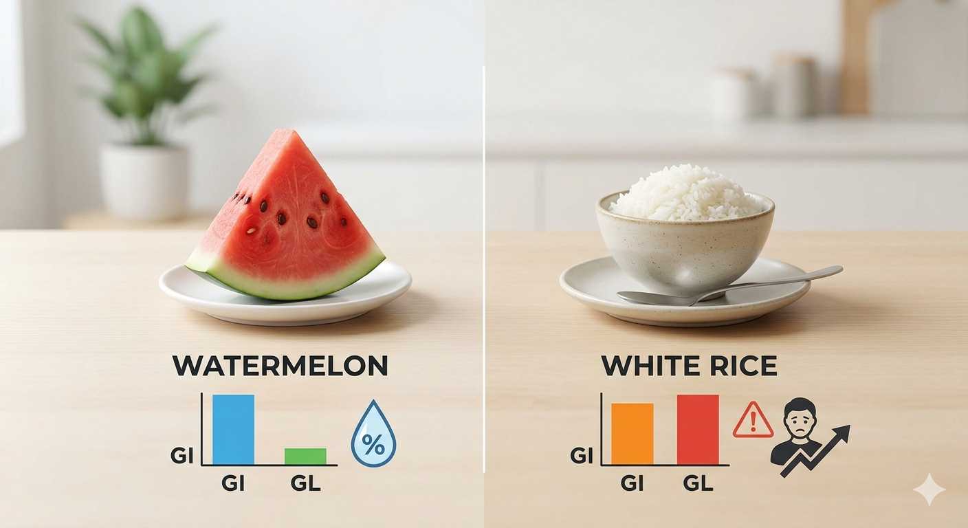 수박과 흰쌀밥의 GI, GL을 그래프로 보여주는 이미지