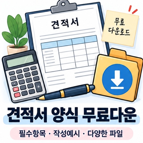 견적서 양식 무료다운을 상징하는 견적 문서와 다운로드 아이콘 인포그래픽