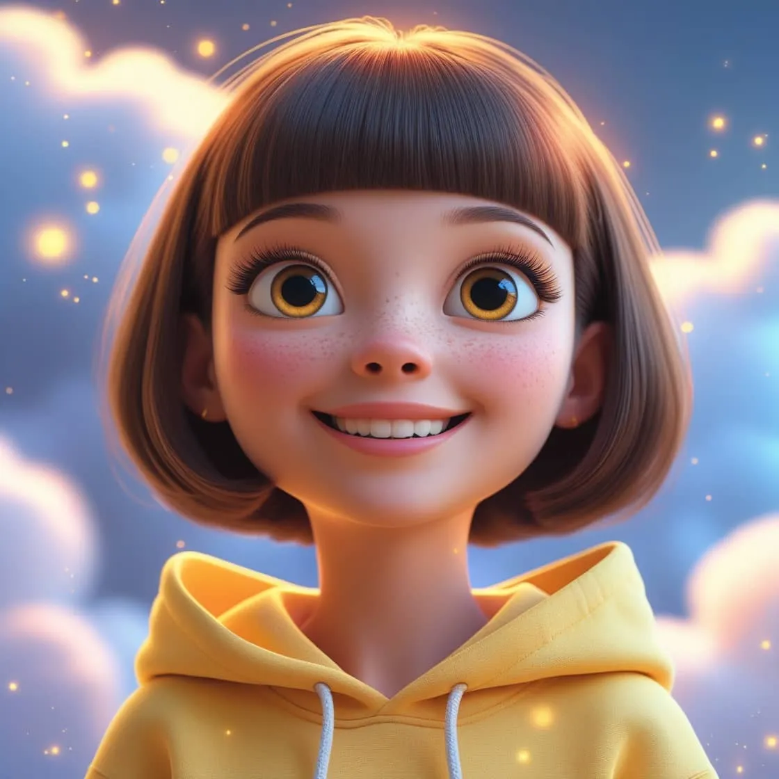 Phoenix 모델로 생성된 노란 후드를 입은 소녀 캐릭터 이미지. 이 이미지는 감정 표현과 사실적인 조명을 강조한 Phoenix 모델의 3D 스타일 결과물을 시각적으로 전달하며, 블로그의 Leonardo AI 프리셋 비교 주제와 관련된 내용을 설명함 (phoenix model, 3D style, pixar-like rendering)